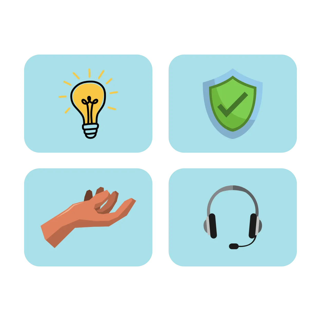 Icônes représentant innovation, sécurité, simplicité et assistance client