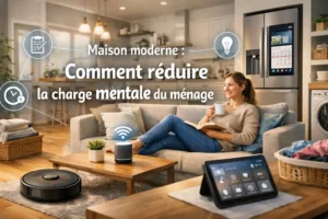 Salon moderne avec objets connectés et robot de nettoyage