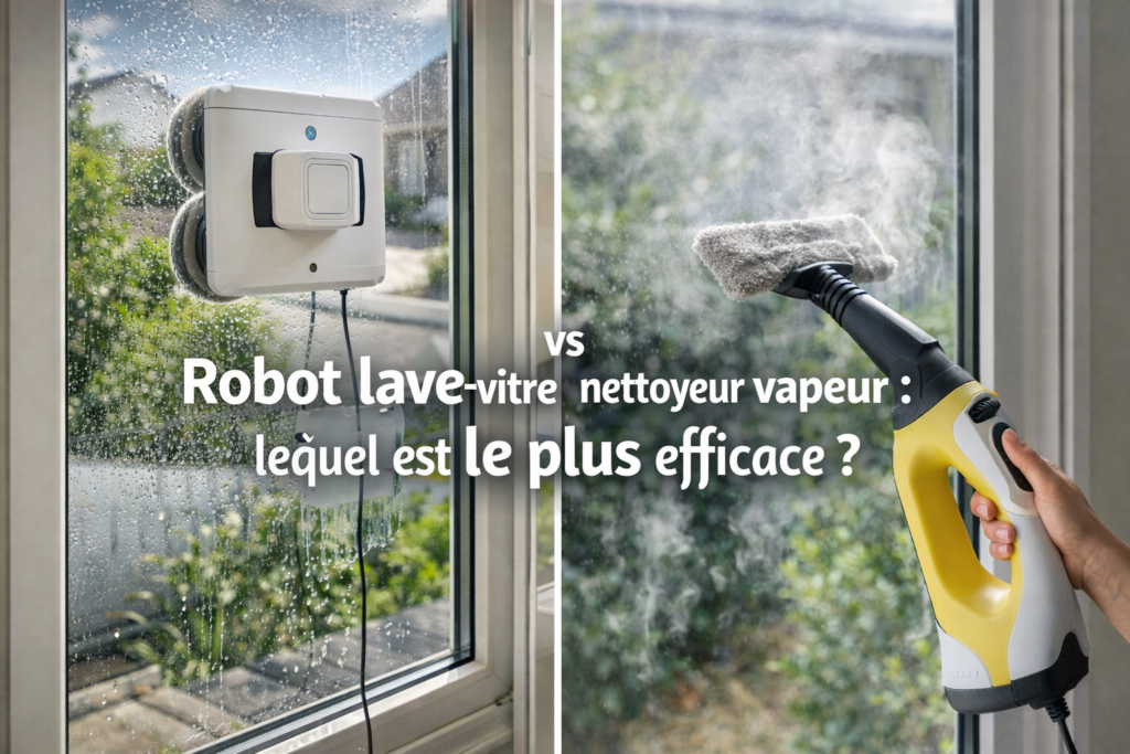 Comparaison entre robot lave-vitre et nettoyeur vapeur sur une fenêtre