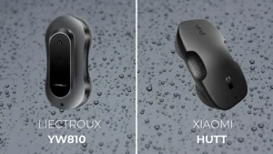 Comparatif visuel entre le robot lave-vitre Liectroux YW810 et le Xiaomi Hutt, deux modèles concurrents pour le nettoyage automatique des vitres.