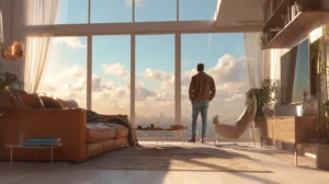 Homme contemplant la vue à travers de larges baies vitrées dans un salon moderne et lumineux, parfaites à entretenir facilement avec le robot lave-vitre Liectroux YW810.