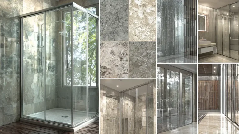 Cabines de douche modernes et parois vitrées en verre trempé, illustrant des surfaces idéales pour le nettoyage automatique avec le robot lave-vitre Liectroux YW810.