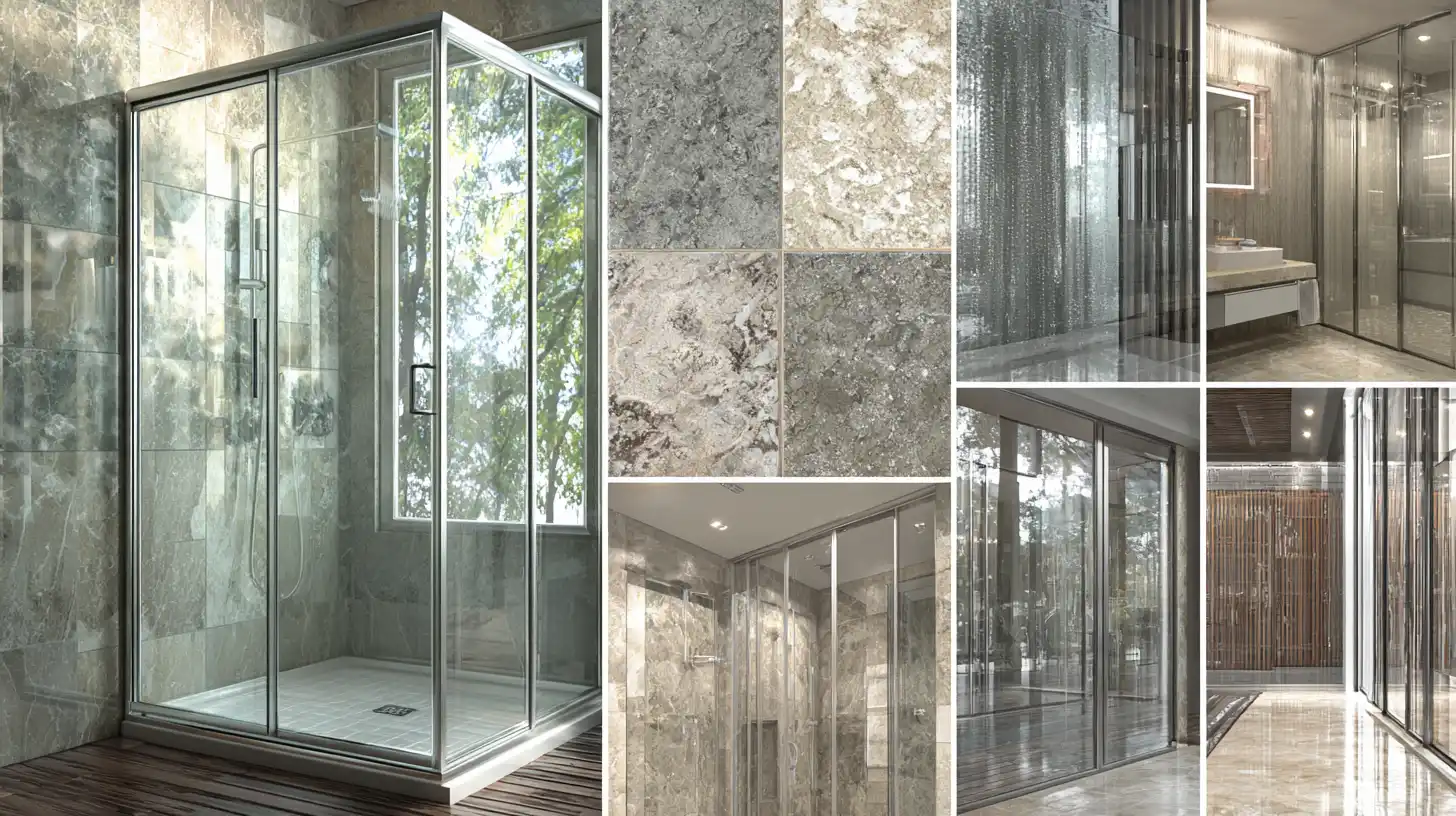 Cabines de douche modernes et parois vitrées en verre trempé, illustrant des surfaces idéales pour le nettoyage automatique avec le robot lave-vitre Liectroux YW810.