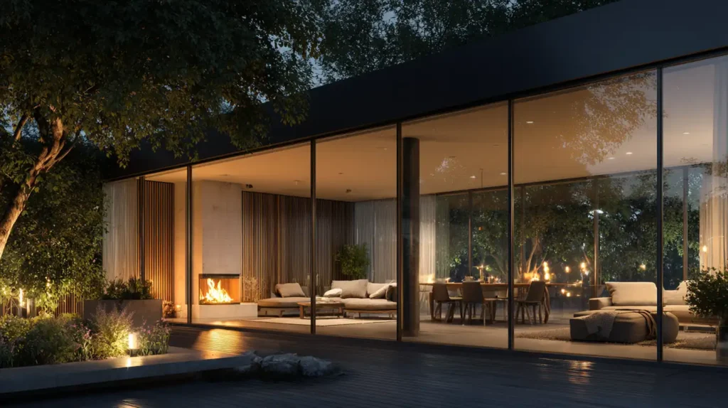 Maison moderne avec grandes baies vitrées en soirée, idéale pour démontrer l’efficacité du robot lave-vitre Liectroux YW810, parfait pour entretenir sans effort ce type de surfaces vitrées.