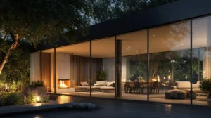 Maison moderne avec grandes baies vitrées en soirée, idéale pour démontrer l’efficacité du robot lave-vitre Liectroux YW810, parfait pour entretenir sans effort ce type de surfaces vitrées.