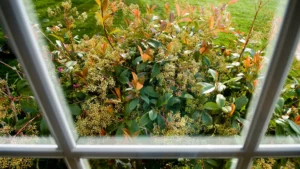 Vue sur un jardin verdoyant à travers une fenêtre