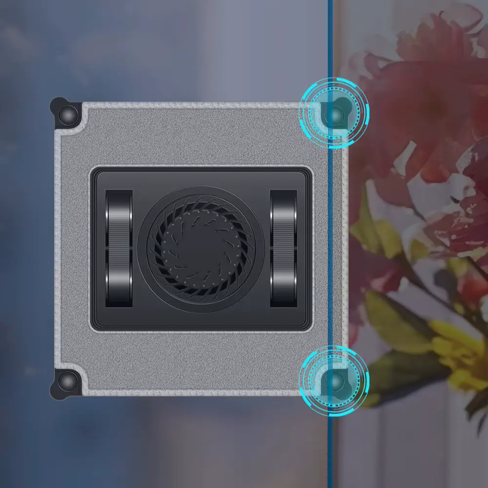 Face arrière du robot lave-vitre avec moteurs et ventilateur et detection des bords