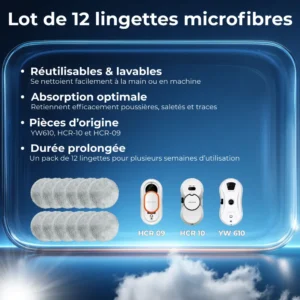 Lot de 12 lingettes microfibres pour robots lave-vitres YW610, HCR09 et HCR10