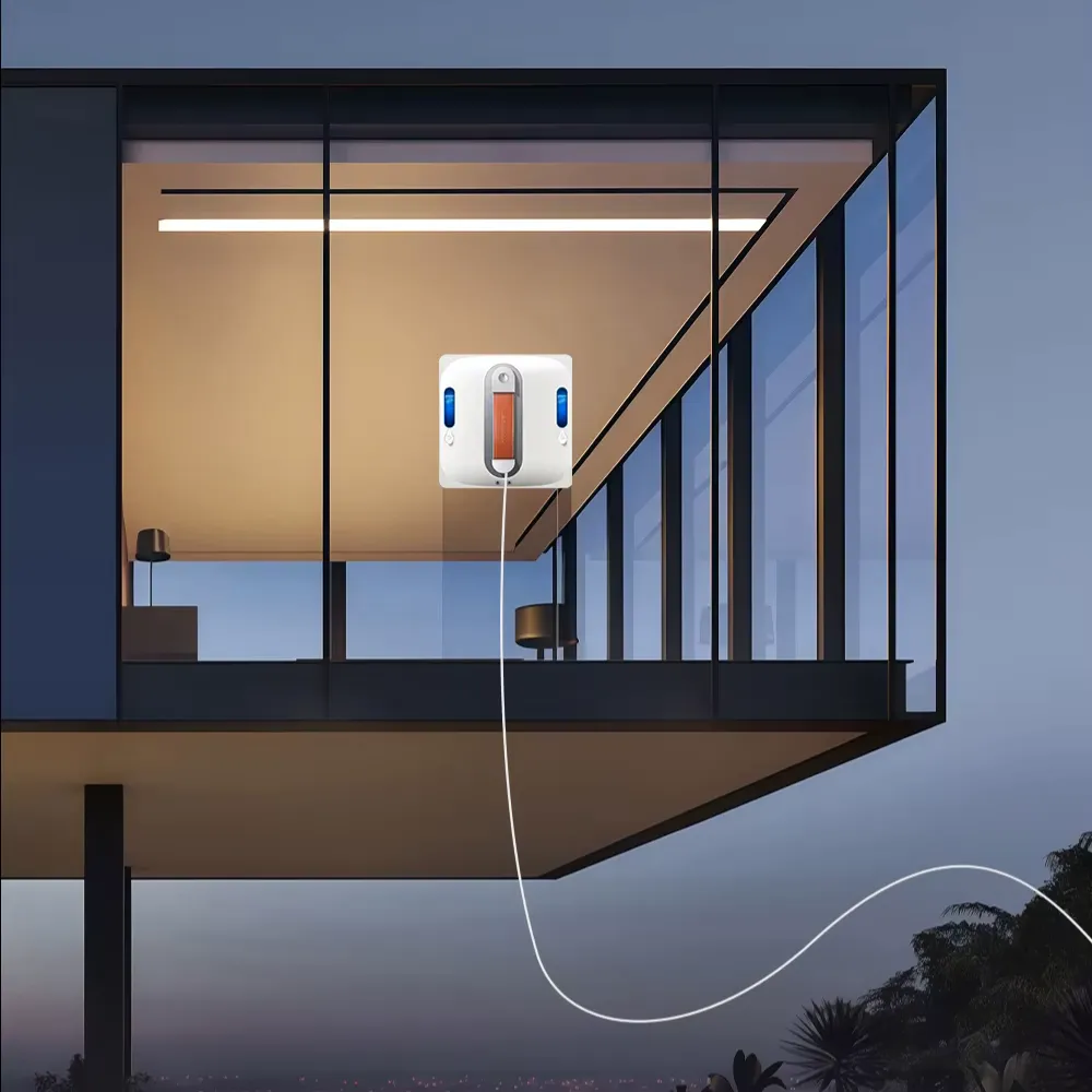 Robot lave-vitre Liectroux S11 nettoyant une baie vitrée en hauteur avec câble de sécurité