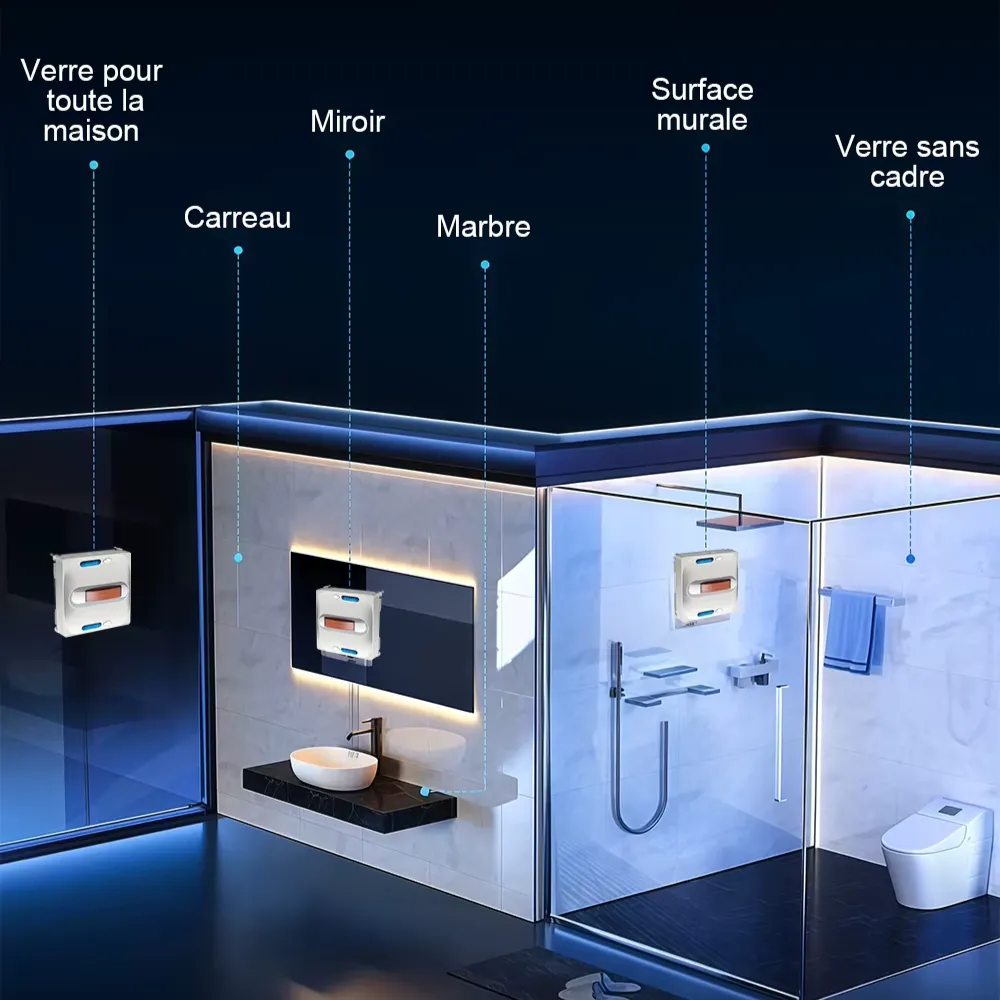 Surfaces compatibles avec le robot lave-vitre Liectroux S11 : vitres, miroirs, carrelage, marbre, douche