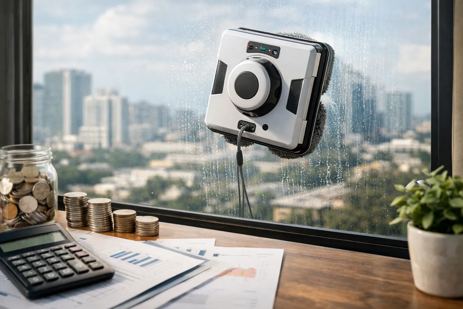 Robot lave-vitre automatique en train de nettoyer une vitre avec vue urbaine, illustration du coût et de la rentabilité à long terme du robot lave-vitre