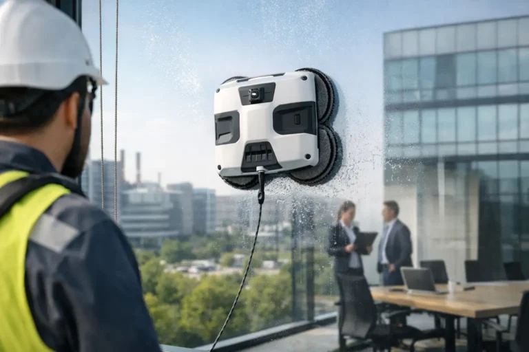 Robot lave-vitre professionnel nettoyant les vitres d’un immeuble de bureaux, avec supervision à distance et environnement urbain moderne.