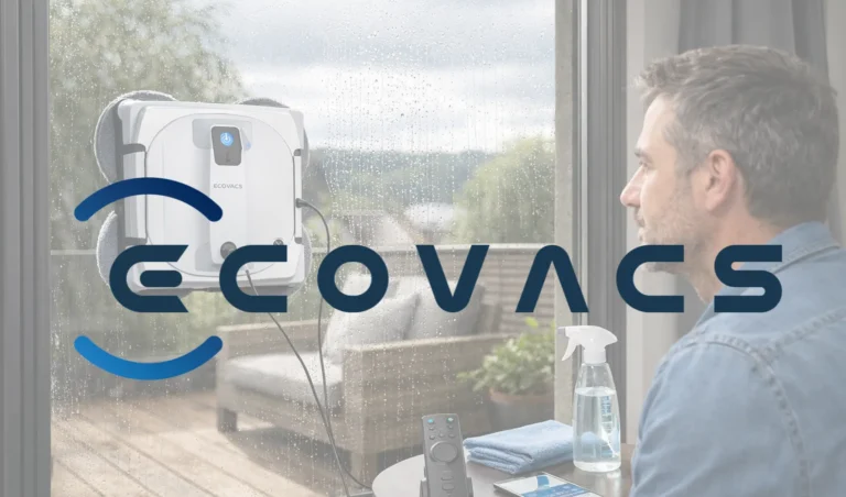 Robot lave-vitres Ecovacs en fonctionnement sur une grande fenêtre, test réel avec lingettes microfibres et télécommande pour nettoyage automatique des vitres