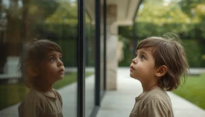 enfant qui regarde une vitre propre dans une maison
