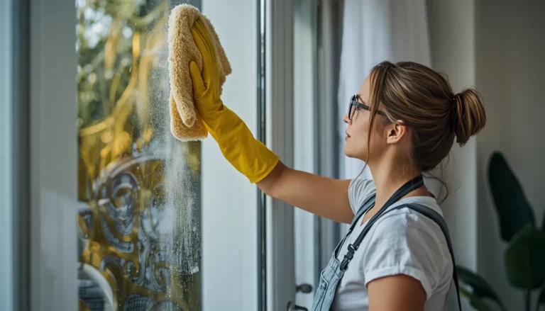 femme d'une trentaine d'année en train de nettoyer ses vitres