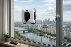 Robot lave-vitre sécurisé nettoyant une fenêtre d’appartement en hauteur avec câble de sécurité, vue sur la ville depuis un immeuble élevé.