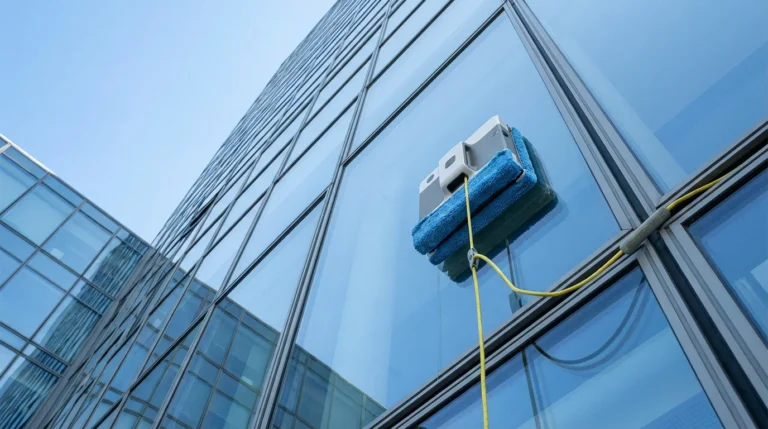 Robot lave vitre professionnel fixé sur la façade vitrée d'un immeuble moderne