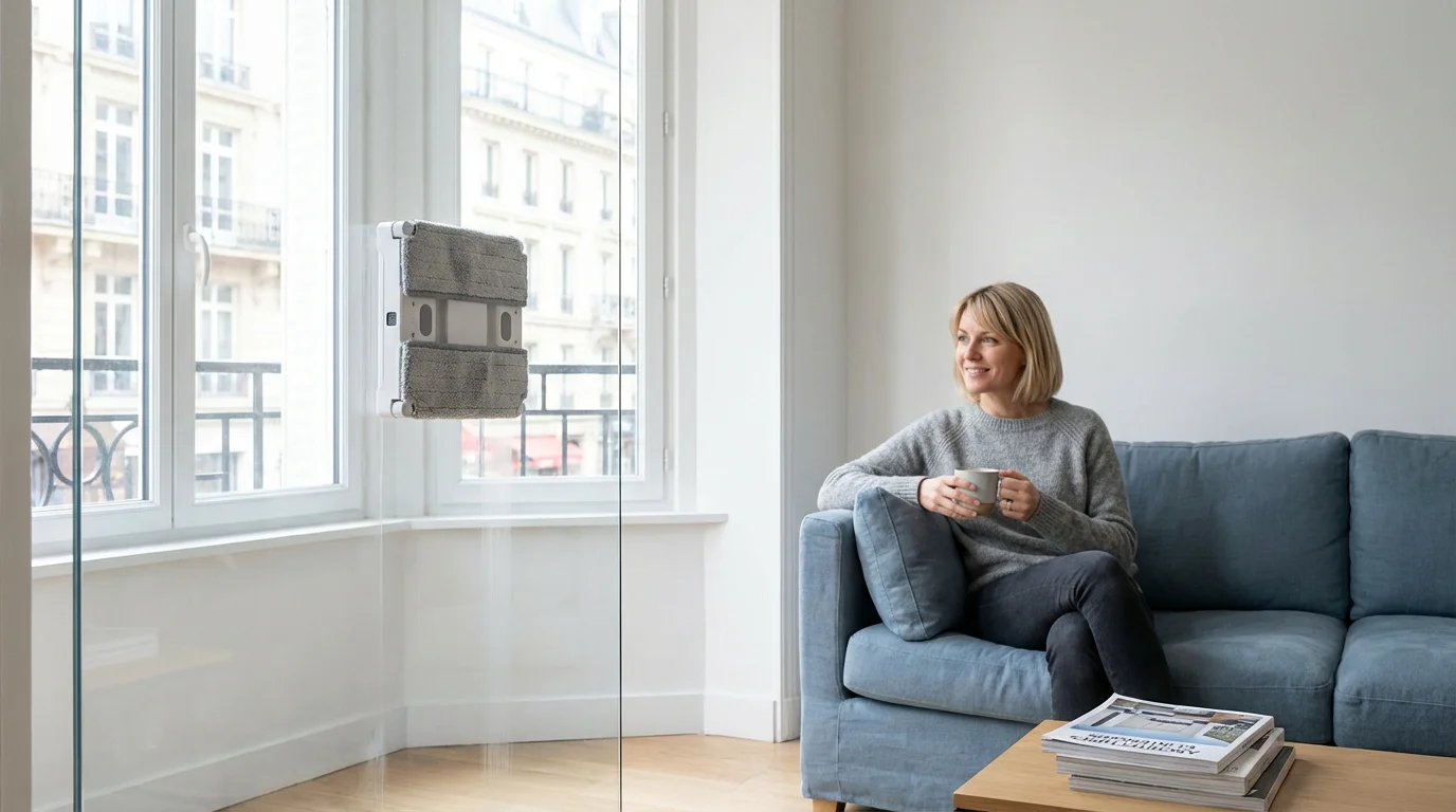 Robot lave vitre professionnel en action sur une grande baie vitrée dans un salon moderne