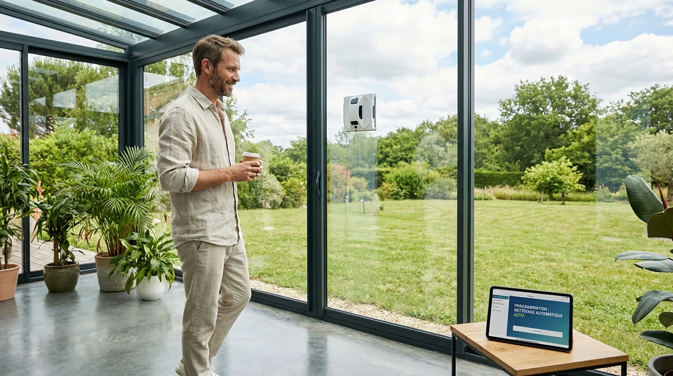 Robot lave vitre professionnel nettoyant les parois vitrées d'une véranda moderne