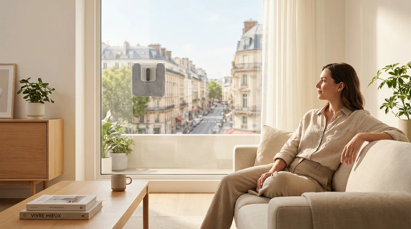 Robot lave-vitre en fonctionnement sur une grande baie vitrée dans un salon lumineux