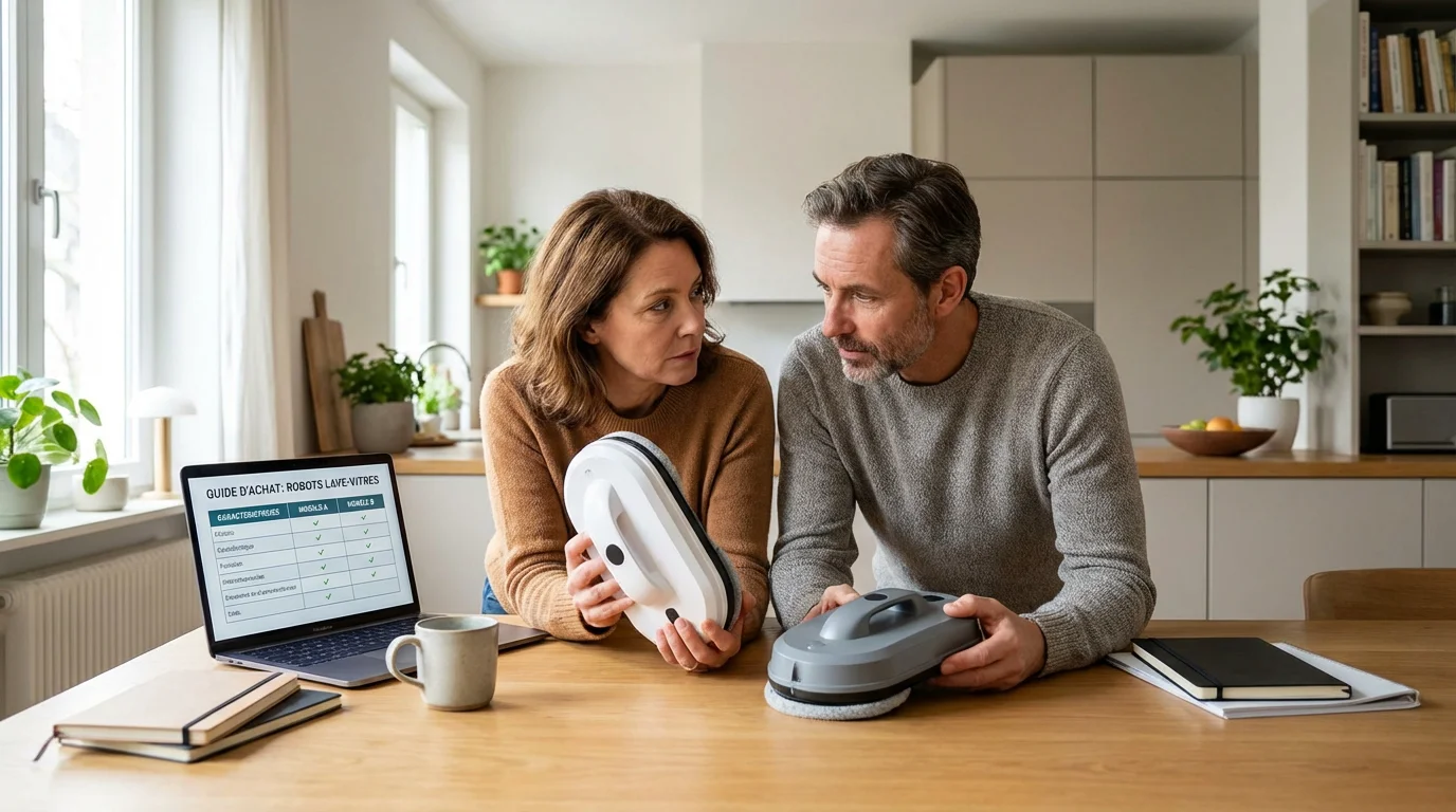 Couple comparant des robots lave-vitres avant un achat réfléchi pendant le Black Friday