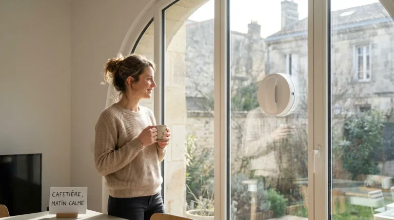 Robot lave-vitre en action sur une grande baie vitrée dans un intérieur moderne, observé par une femme européenne