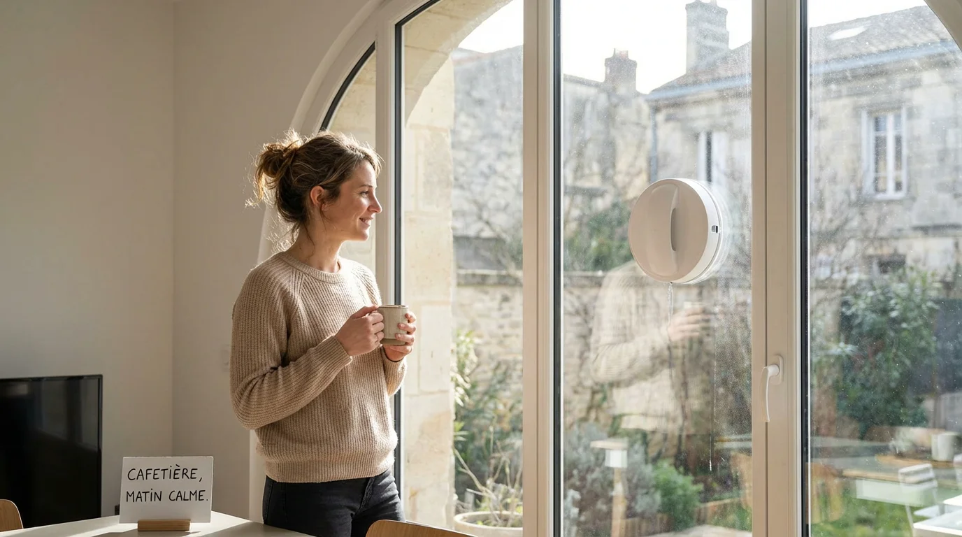 Robot lave-vitre en action sur une grande baie vitrée dans un intérieur moderne, observé par une femme européenne