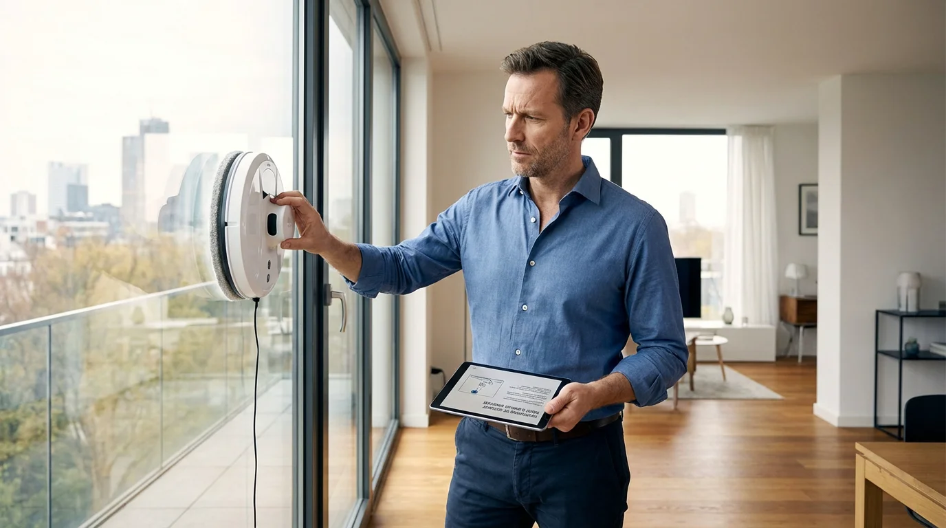 Homme examinant un robot lave-vitre rond posé sur une baie vitrée dans un appartement moderne