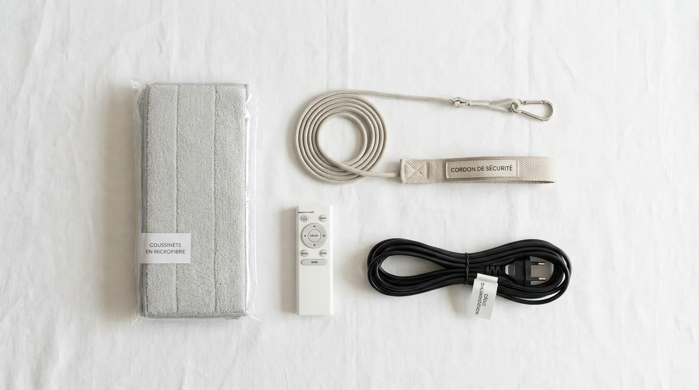 Accessoires de robot lave-vitre disposés à plat : lingettes microfibres, corde de sécurité, télécommande et câble d'alimentation