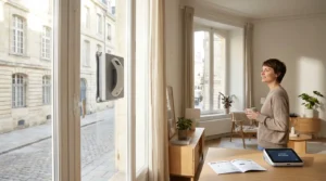 Robot lave-vitre carré en action sur une grande baie vitrée dans un appartement européen lumineux