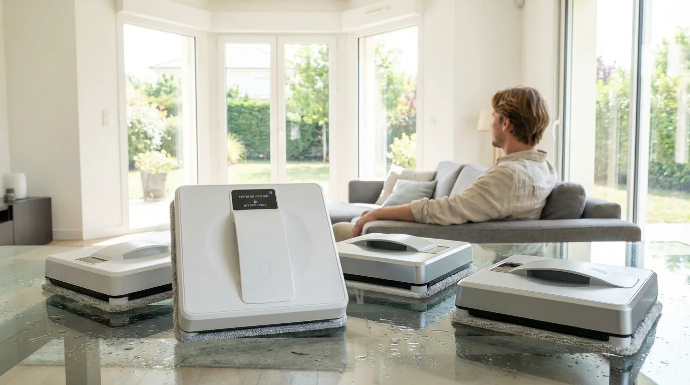 Plusieurs robots lave-vitres carrés posés sur une surface vitrée dans un salon moderne lumineux