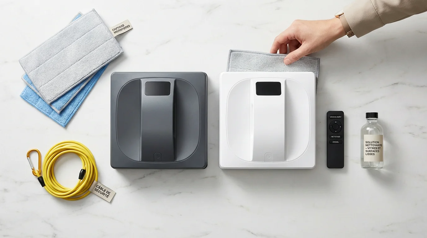 Comparaison à plat de deux robots lave-vitres avec leurs accessoires sur une surface en marbre blanc