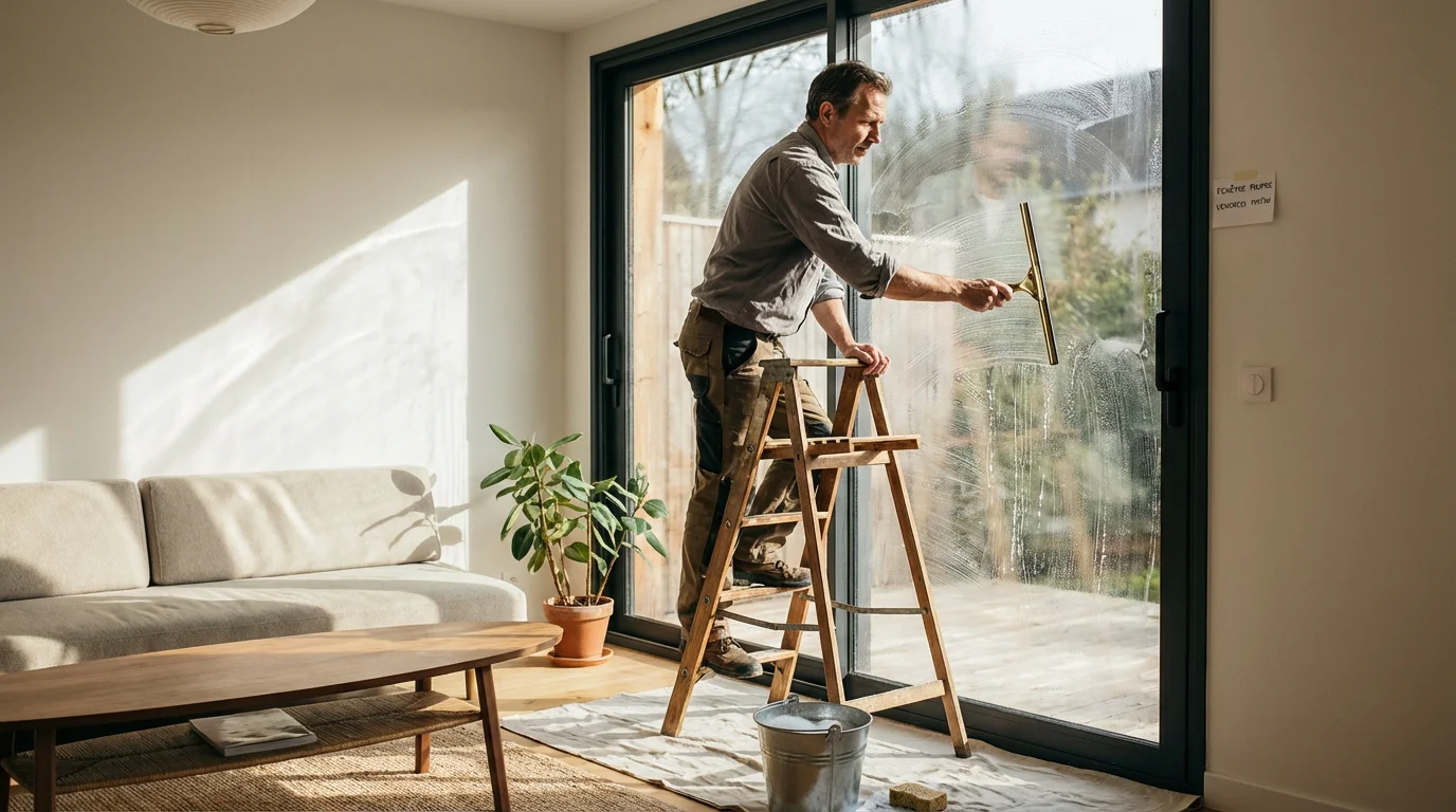 Nettoyage manuel de vitres avec raclette dans un salon lumineux