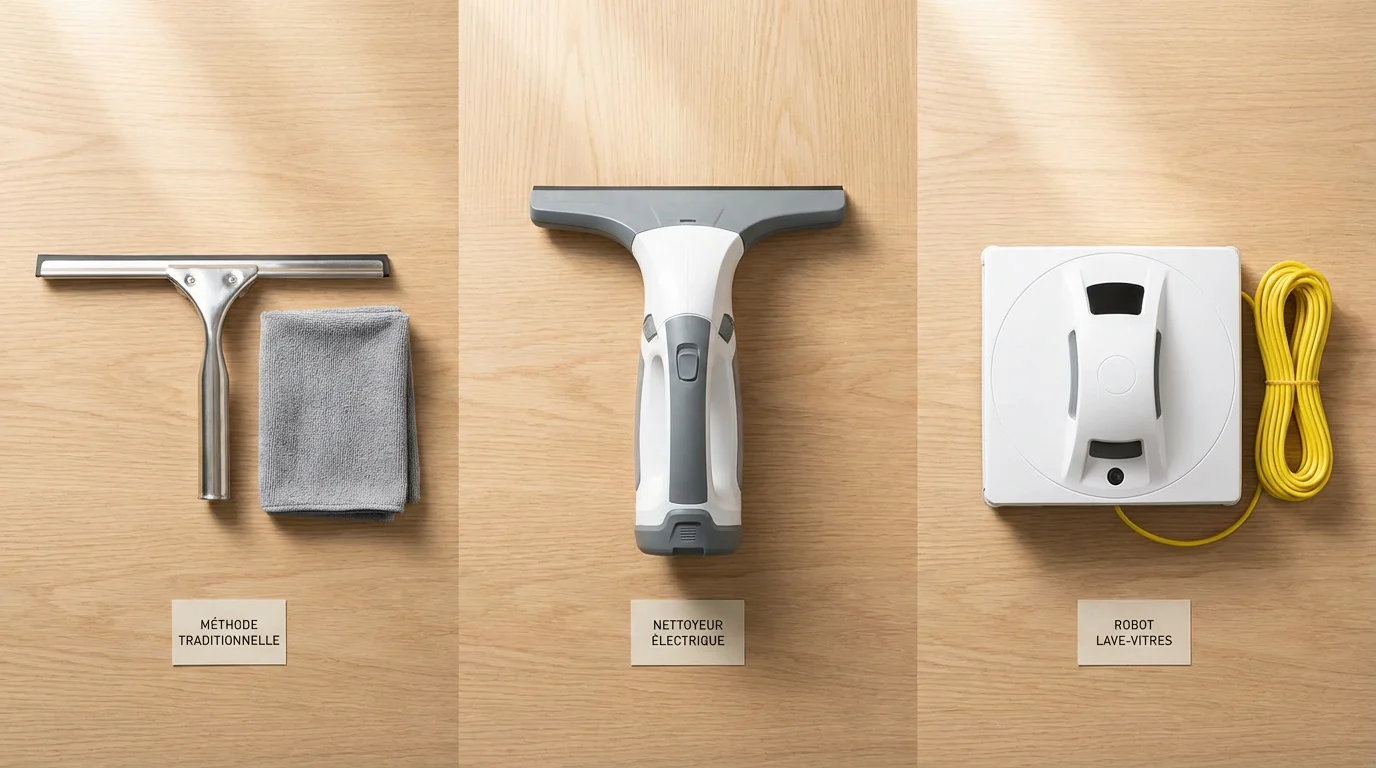 Comparatif visuel entre raclette manuelle, lave-vitre électrique et robot lave-vitre