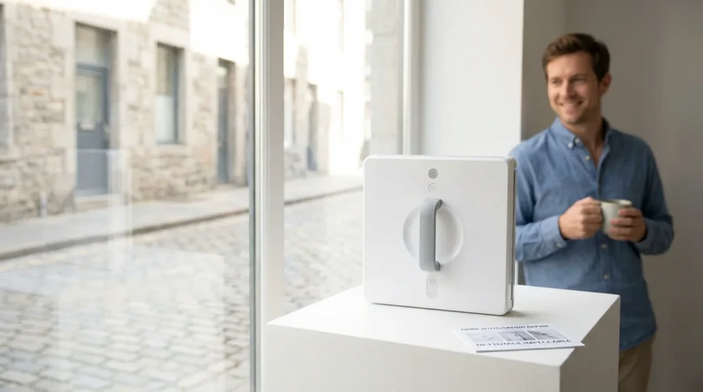 Robot lave vitre carré moderne posé devant une grande fenêtre propre dans un intérieur européen