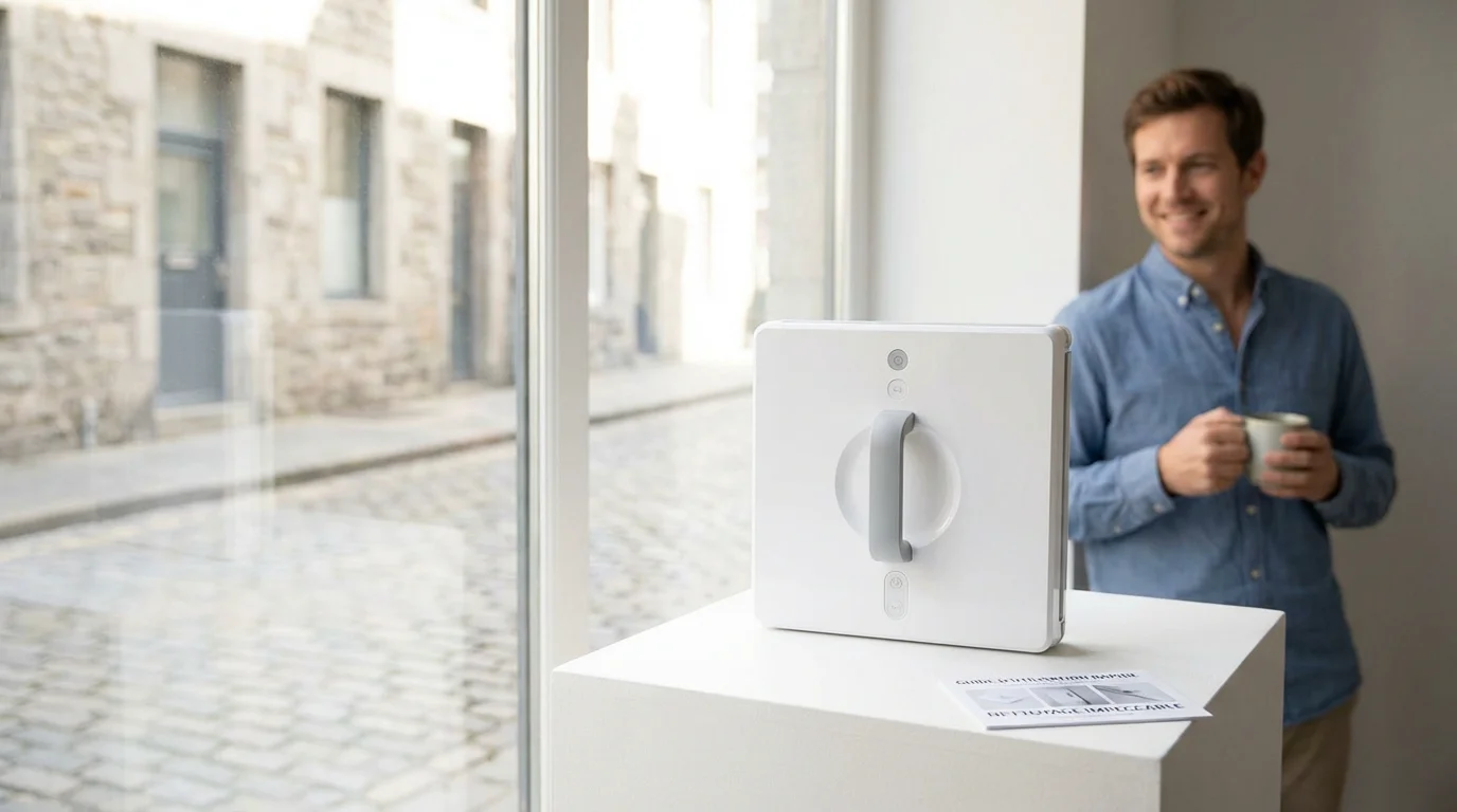 Robot lave vitre carré moderne posé devant une grande fenêtre propre dans un intérieur européen