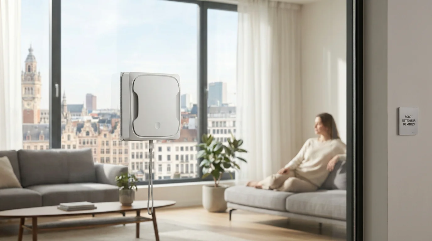 Robot lave vitre carré nettoyant une grande baie vitrée dans un salon moderne