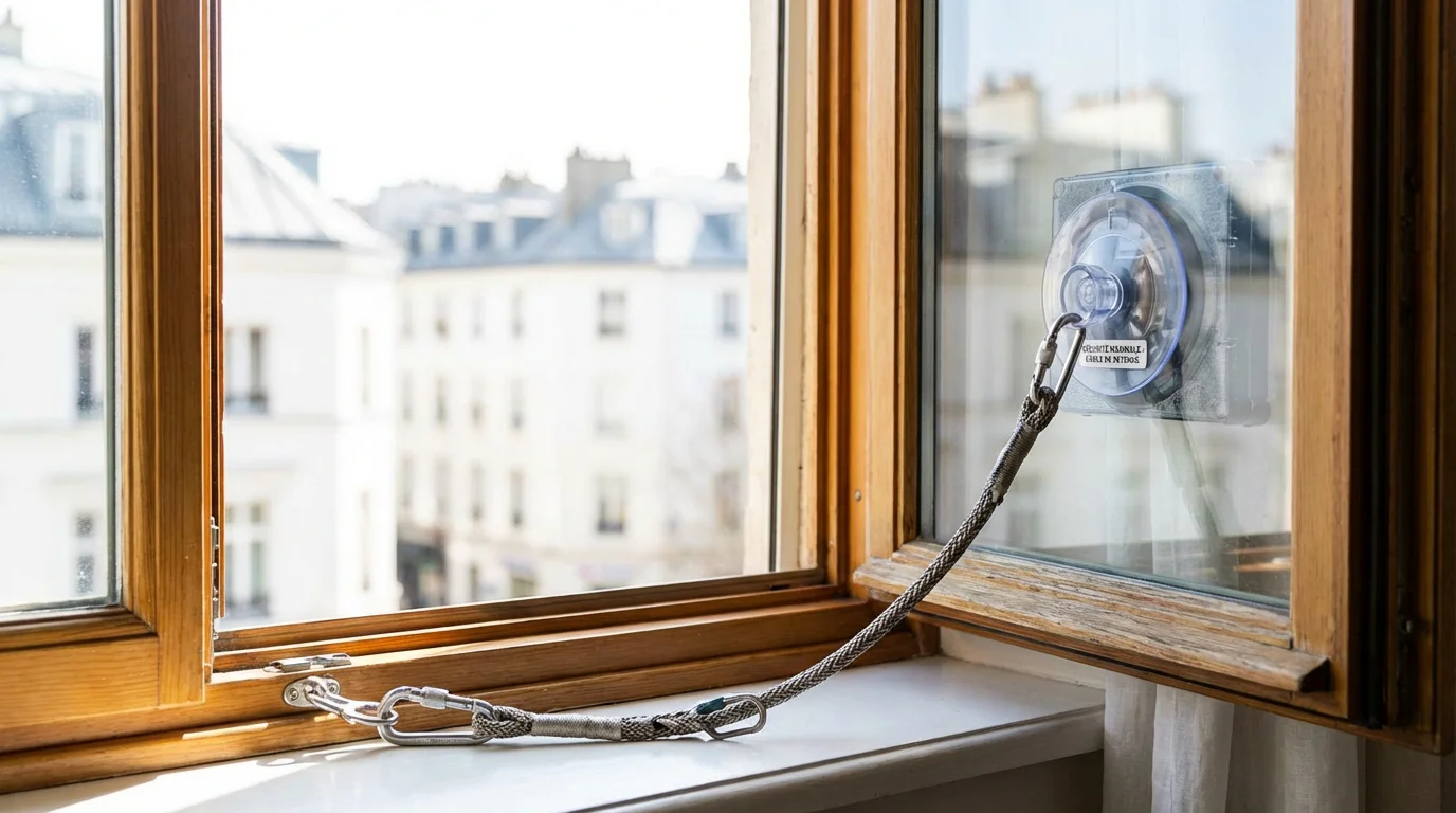 Système de sécurité avec corde et mousqueton sur un robot lave vitre fixé à une fenêtre en hauteur