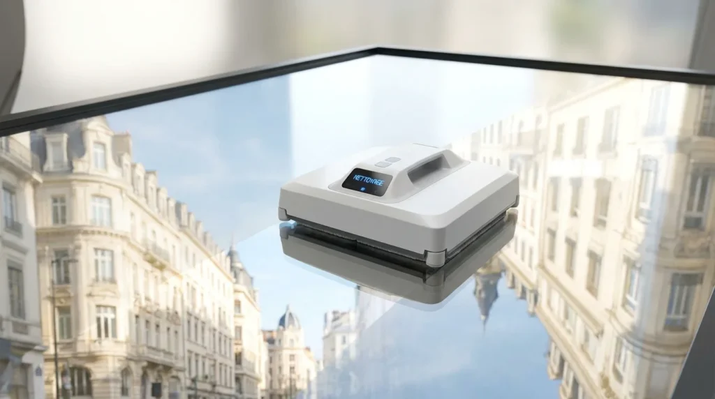 Robot lave-vitre automatique sur une vitre propre avec reflet d'un paysage urbain européen
