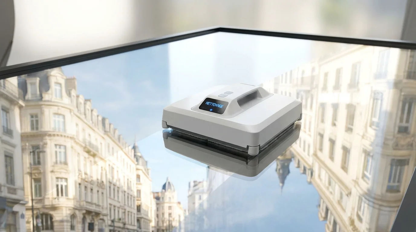 Robot lave-vitre automatique sur une vitre propre avec reflet d'un paysage urbain européen