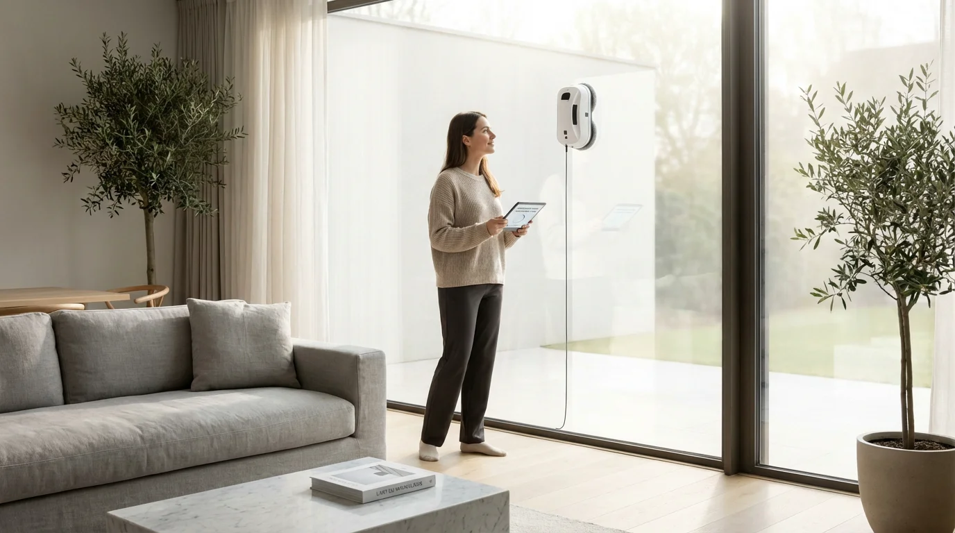 Robot lave-vitre automatique en action sur une grande baie vitrée dans un salon moderne