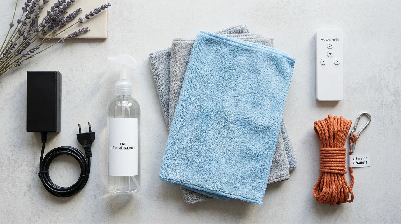 Accessoires d'un robot lave-vitre : lingettes microfibres, télécommande, corde de sécurité et adaptateur