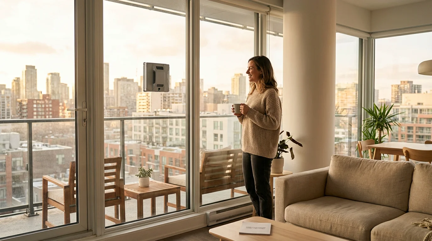 femme avec une tasse de the dans la main qui regarde le robot nettoyer