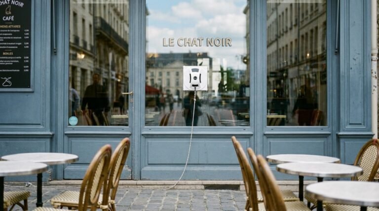 Robot lave-vitre professionnel nettoyant la vitrine d'un café en centre-ville