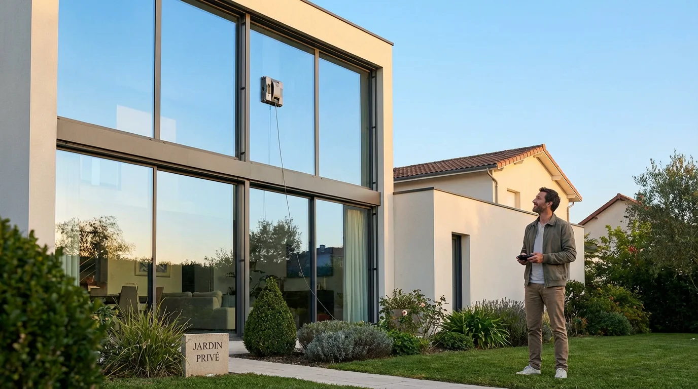 Robot lave vitre français nettoyant une fenêtre en hauteur sur une maison moderne