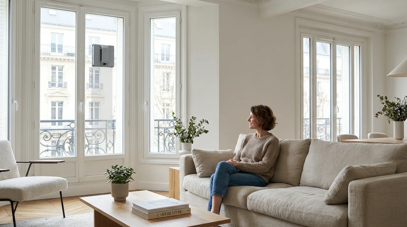Robot lave vitre automatique nettoyant une grande baie vitrée dans un salon moderne français