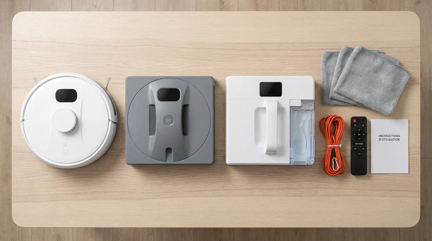 Comparatif de différents types de robots lave-vitres avec accessoires disposés sur une table
