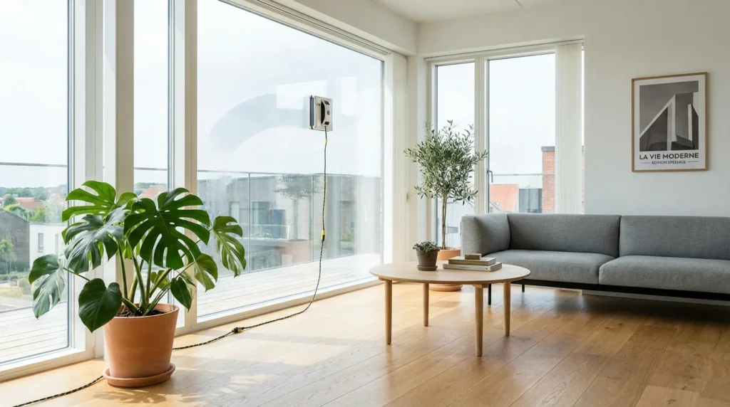 Robot lave vitre en action sur une grande baie vitrée dans un salon moderne et lumineux