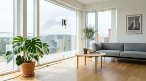 Robot lave vitre en action sur une grande baie vitrée dans un salon moderne et lumineux