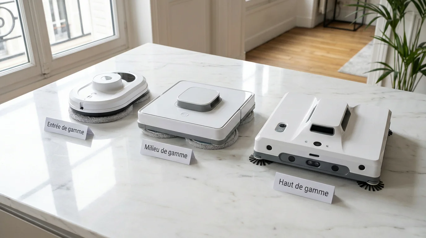 Trois robots lave vitres de gammes différentes présentés côte à côte sur une surface claire